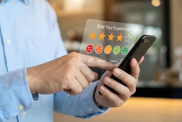 Customer satisfaction rating concept with business professional using smartphone, digital feedback stars and emoji icons for service quality evaluation

