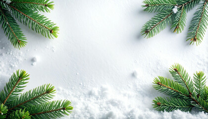 Green fir tree branches with fresh white snow on a clean background, creating a festive winter border for copy space.