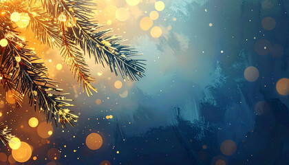 Festive winter background with fir tree branch and golden bokeh lights on a blue textured backdrop.