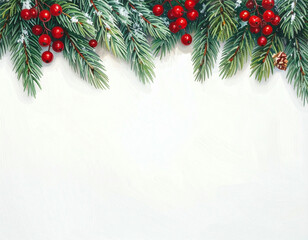 Festive Christmas border with snow-dusted pine branches and vibrant red berries on a clean white background.