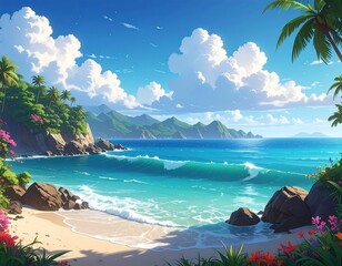 Sunny beach scene with waves, palm trees, and clear blue water