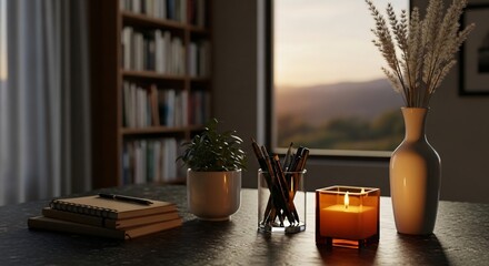 Cozy Home Office Setup with Bookshelf Candle and Nature View at Sunset