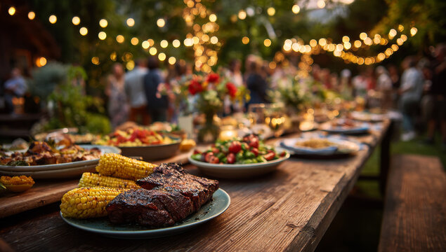 Long rustic wooden table filled with colorful grilled meats, fresh vegetables, and vibrant side dishes at outdoor evening gathering with string lights - Powered by Adobe