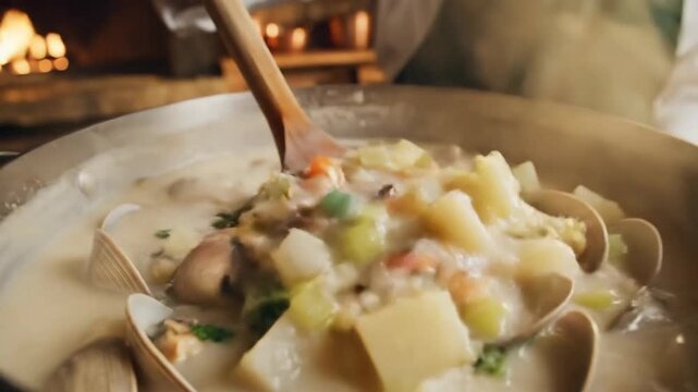 Hearty Creamy Clam Chowder with Vegetables Being Stirred in a Pot, Warm and Steaming
