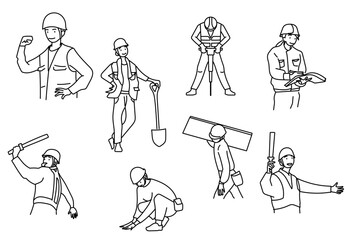 建設現場で働く作業員の多様な作業動作を線画で表現したシンプルなイラスト素材｜工事や土木や安全管理をモノクロ表現でまとめた建設イメージ