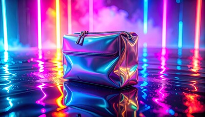 Sleek holographic pouch illuminated by a stunning display of vibrant neon lights, reflecting an electrifying glow on a wet surface, embodying a dynamic and modern aesthetic