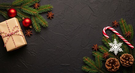 Festive Christmas Corner Arrangement with Gift Box Ornaments Candy Cane Pinecones and Pine Needles on Dark Textured Background Holiday Decor Flat Lay