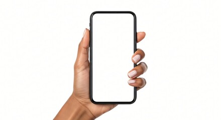 Woman s Hand Holding Modern Smartphone with Blank White Screen Perfect for App Mockups Web Design and Tech Marketing