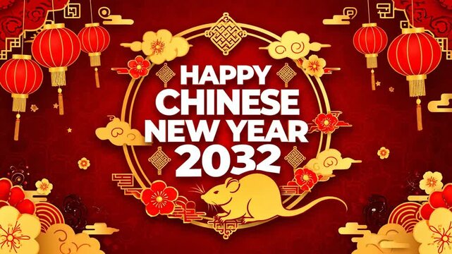 Happy Chinese New Year 2032, featuring elegant rat silhouette, ornate flowers, and festive decorative elements on red background