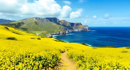 Wandcirkels Geel Field of Yellow Canola Flowers before Sanbangsan Mountain and Sea, Jeju Island, Korea  © 唯雅 李