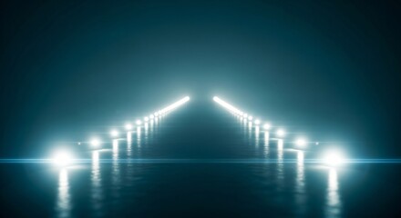 Futuristic Runway Lights Leading to Bright Future on Dark Reflective Surface