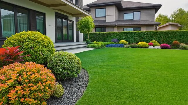 Front yard, landscape design with multicolored shrubs intersecting with bright green lawns 