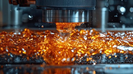 CNC machine cutting metal, splashing oil, close-up, detail, modern, industry, manufacturing