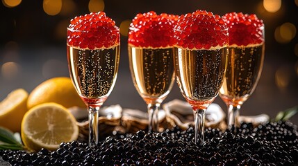 Champagne flutes topped with red caviar, oysters, lemons, & black caviar for a festive setting