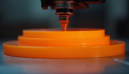 Macro photography of 3D printer nozzle extruding layered filament in bright orange and dark grey colors representing additive manufacturing and technology concept with copy space
