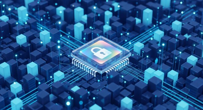 Secure Central Processing Unit CPU Chip with Digital Lock Icon Representing Data Security and Cyber Protection in a Futuristic Network - Powered by Adobe