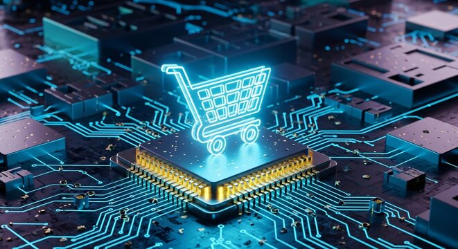 Digital Shopping Cart Icon on a Futuristic Circuit Board Concept for E commerce Technology and Online Business - Powered by Adobe