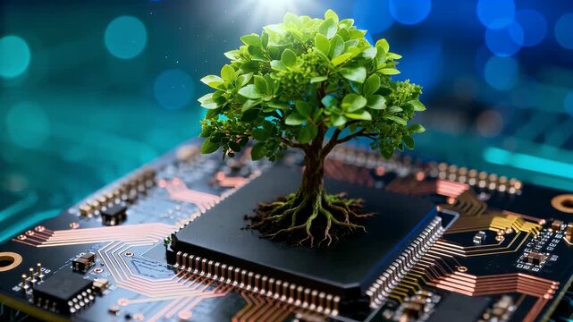 A small green tree growing from a computer chip on a circuit board, symbolizing green technology and sustainable computing.