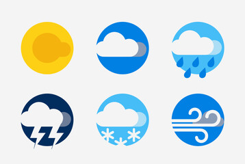 Obraz premium Modern Flat Design Weather Icons Depicting Sun, Cloud, Rain, Snow, Wind, and Lightning