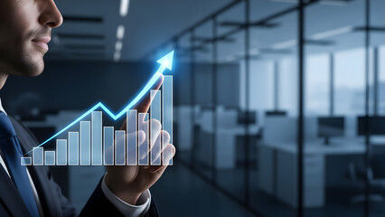A smiling businessman observes and interacts with a transparent, glowing blue bar chart displaying strong upward growth in a contemporary office setting.