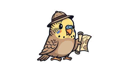 Obraz premium A cartoon parakeet adventurer, wearing a hat, holding a map scroll, on a white background