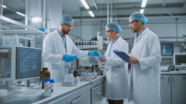 In a modern industrial facility, scientists and technicians work together on pharmaceutical .
