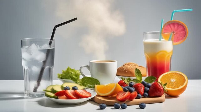 In a white background a summer spread on the table includes healthy food refreshing water