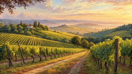Fototapeta premium Sunlit vineyard landscape with rolling hills and farmhouse at golden hour, romantic countryside painting for wine-themed decor, travel promotions, lifestyle blogs, culinary branding, or editorial