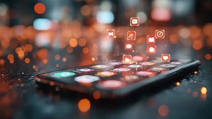 Holographic social media icons floating above smartphone screen, suggesting innovative digital marketing. - Powered by Adobe