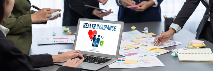 Analyst team use sticky note for creative and analytic brainstorm for business idea with BI data dashboard on laptop screen. Analysis financial data visualization tech for marketing strategy. Prodigy