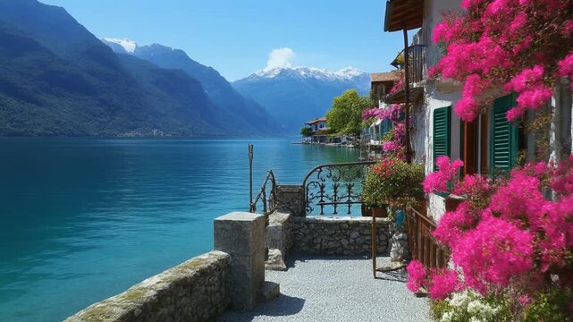 Italian Lake Villa With Pink Flowers and View Of The Beautiful Mountains