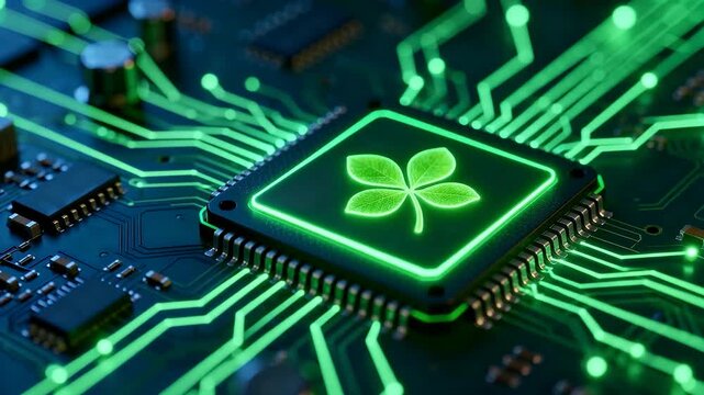 Green Microchip with Four Leaf Clover Symbolizing Sustainable Technology