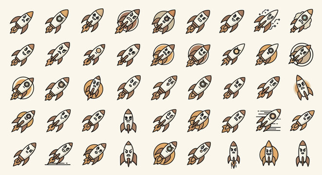 A collection of cartoon rockets with varied expressions, some in circular frames, on a beige background