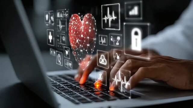 Medical technology telemedicine concept close up faceless person using laptop and tablet with digital healthcare.
