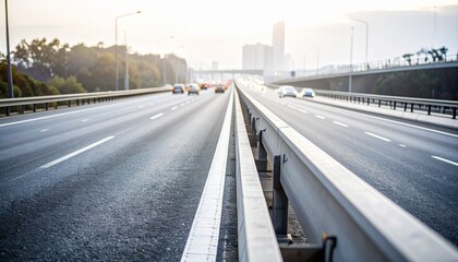 Low angle view of an urban highway at dusk with blurred car lights leading toward a hazy modern city skyline