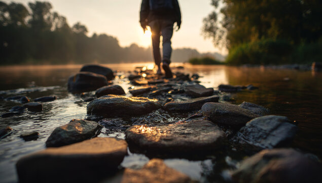 Man walking on stones in water along a natural stone path during sunset