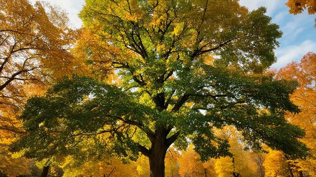 Majestic Walnut Tree- A towering walnut tree in the midst of a golden autumn landscape, its .