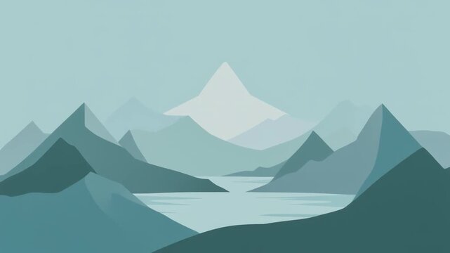 Minimalist landscape of stylized mountains and calm waters.