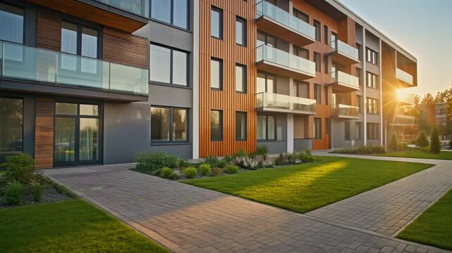 Modern apartment building exterior with large windows, glass balconies. Golden sunlight shin.