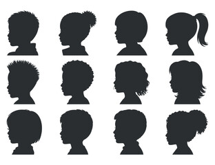 Diverse silhouettes of children s heads showcasing a variety of hairstyles and facial profiles in a collection