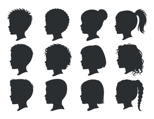 Diverse silhouettes of children s heads in profile showcasing a variety of hairstyles and ethnic appearances