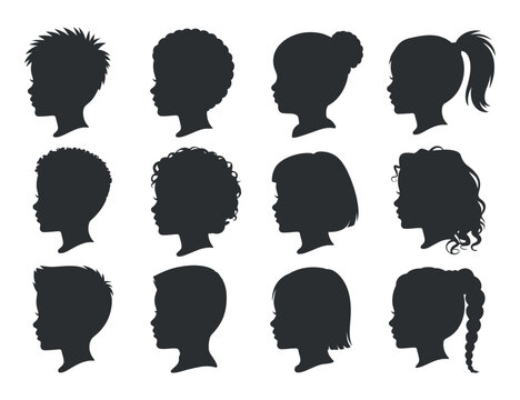 Diverse silhouettes of children s heads in profile showcasing a variety of hairstyles and ethnic appearances