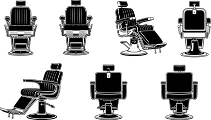 Barber chair silhouette vector set, vintage hair salon furniture collection in multiple views, black professional grooming equipment illustration isolated on white background