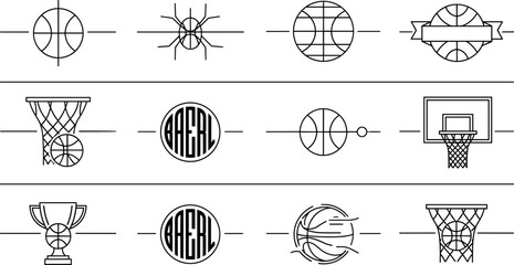 Basketball line icons and symbols set, minimalist black vector illustration collection featuring ball, hoop, basket, trophy, logo elements for sports design © Goutom