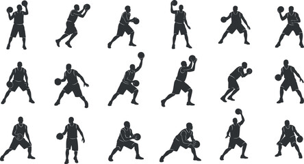 Basketball player silhouette vector set, dynamic dribbling passing shooting poses illustration, black and white sports action collection for training graphics branding icons © Goutom
