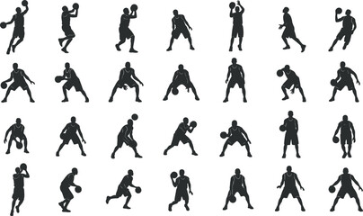 Basketball player vector illustration set, black and white athlete silhouettes, dribbling shooting action poses, professional sport movement collection, minimal solid design © Goutom