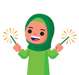Cheerful muslim female kid celebrating with fireworks illustration