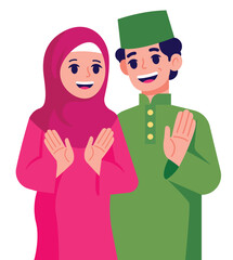 Muslim couple in traditional clothing waving hands greeting illustration