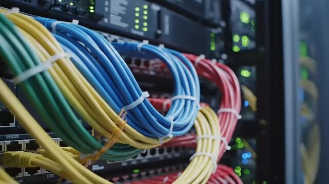 Colorful network cables neatly organized in a data center server rack