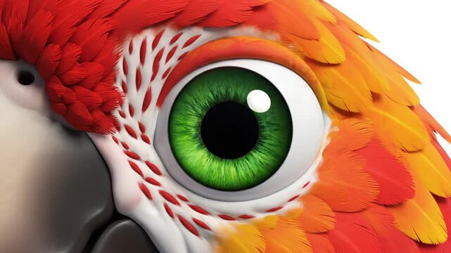 A large close-up of a cartoon parrot&rsquo;s eye in bright color, ideal for early learning materials or animal study videos.